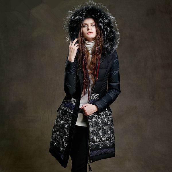 

women's 2015 winter vintage long section 90% white duck coat long-sleeved printed comfortable down coat zk15255d, Black