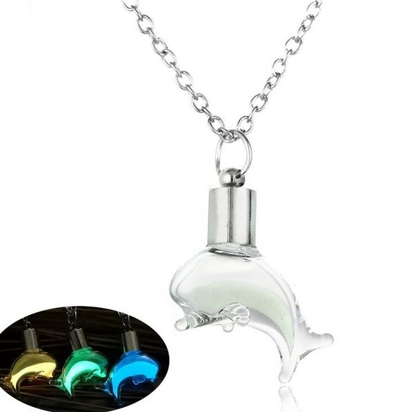 

good a++ cute lights little dolphin pendant women necklace fluorescent glass drift bottle wfn146 (with chain) mix order 20 pieces a lot, Silver