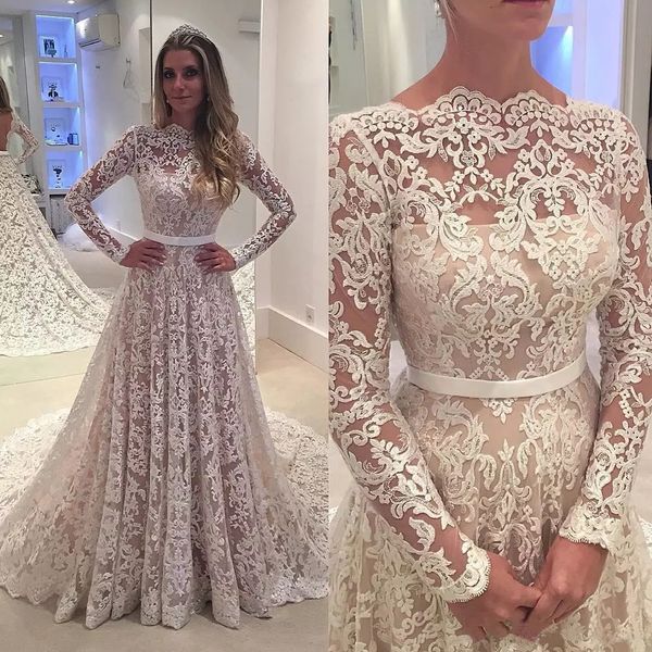 

arabic lace a line wedding dresses 2020 with long sleeves bateau neck see through back bridal gowns with belt, White