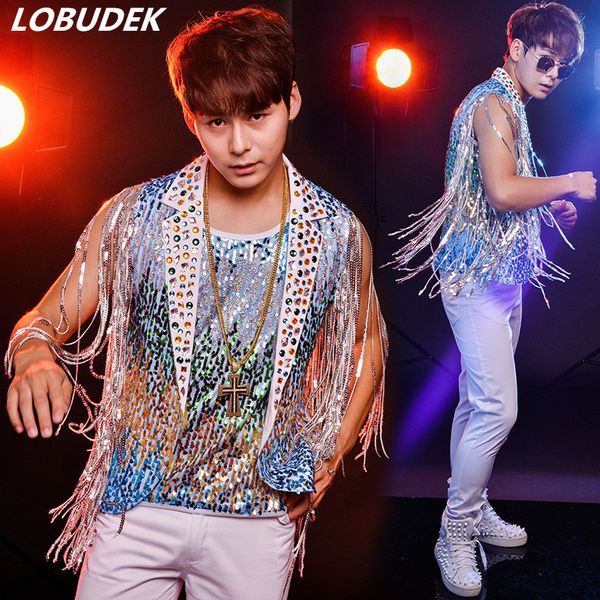 Lantejoulas Coloridas Sparkly Rhinestones Maré Masculino Suits 3 Parte Sets Punk Estilo Noturna Estágio Jazz Hip Hop Traje Singer Bar Show