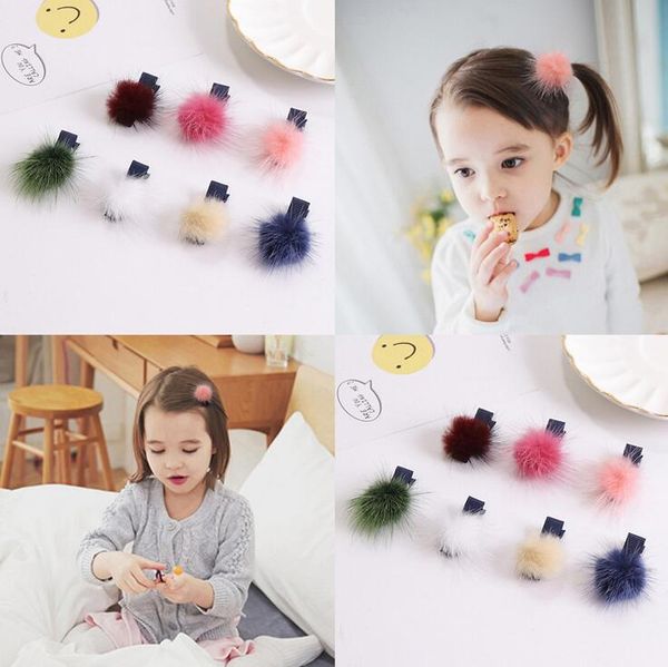 

gift plush children hair trim headdress real mink hair ball hair clip cute girl hairpin fj054 mix order 60 pieces a lot, Golden;silver