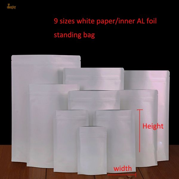 

new sale gift bags 100pcs 7 sizes white color paper zip lock bag inside silver foil inlay food grade packaging retail stand up package
