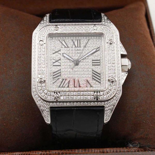 

Luxury brand ilver full diamond dial black leather iced out men watche white tainle pointer watch automatic movement wri t watche