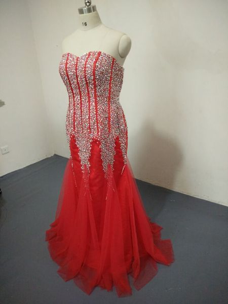 

реальные фотографии женщина милая рукавов халат де вечер красное платье русалки выпускного вечера vestido де феста элегантное вечернее плать, Red