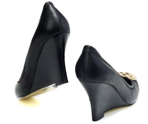 

beige color brand shoes metal buckle ol office lady 8 cm wedge high heels wedges women nude genuine leather pumps shoes size 35-41, Black