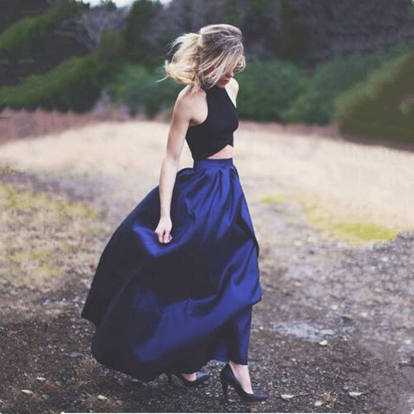 

new arrvial new halter two piece navy blue taffeta prom party dresses long being graduation dress, Black