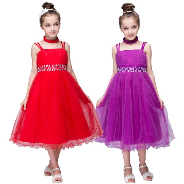 

summer baby girls lolita style ball gown dresses kids rhinestone bowknot party wedding tulle sleeveless strap dress, Red;yellow