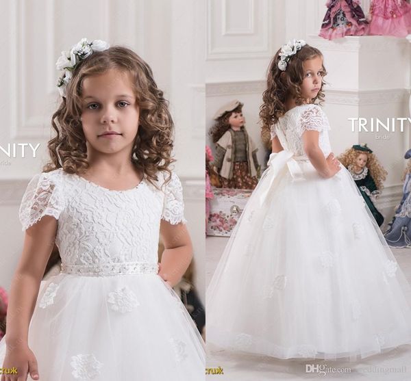 

lace short sleeves ball gown tulle flower girl dresses vintage child pageant dresses holy communion flower girl wedding dresses, White;blue