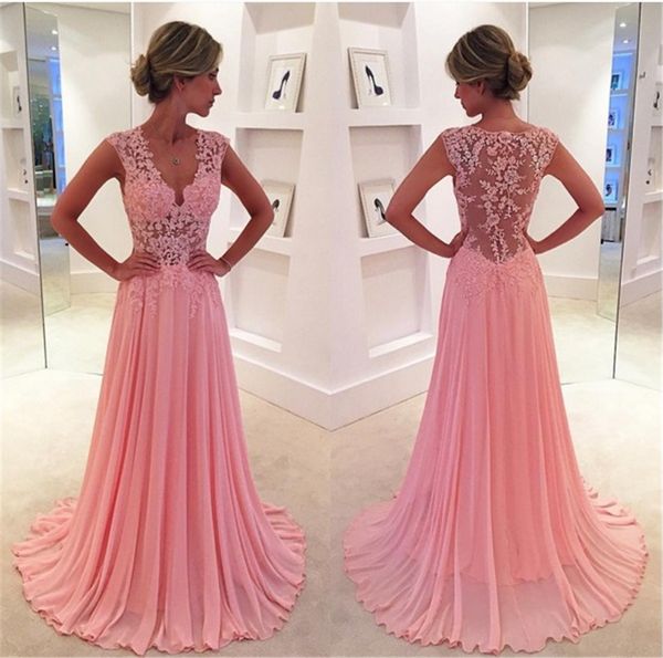 

deep v-neck pink chiffon with lace sheer back a line prom dress floor length elegant evening dress illusion back party dresses vestido de, Black