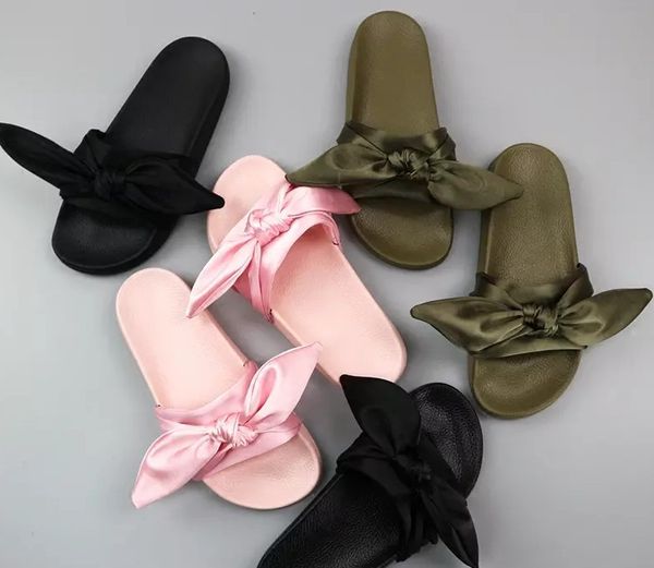 

2017 women rihanna slippers bow bandana slide slippers fenty bow slides woman summer outdoor beach sandals slippers mix colors, Black
