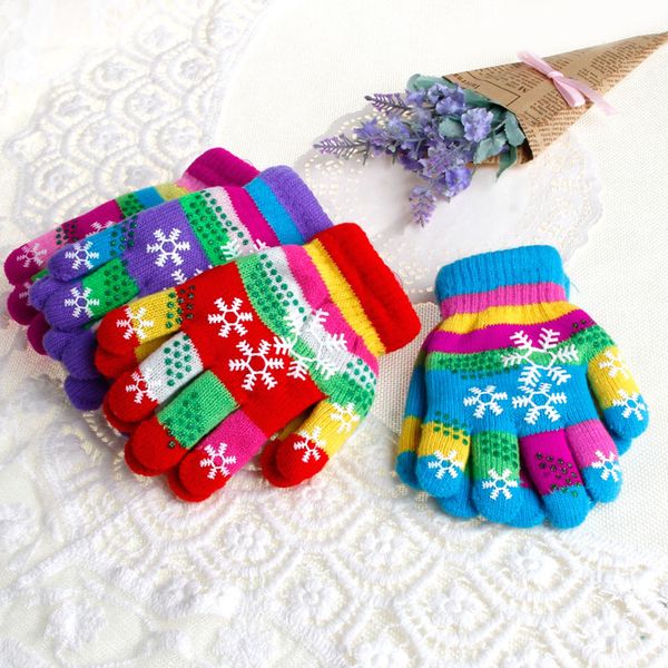 

wholesale- /m/l autumn winter children bi-layer thickened snow print colored yarn knit gloves warm, Blue;gray