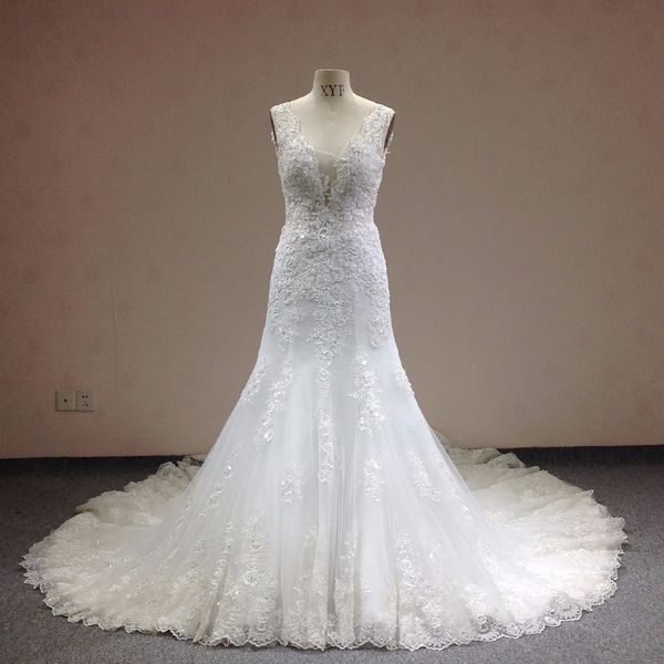 

deep v-neck lace print backless mermaid wedding dresses fashion lace graceful mermaid bridal gown 2018 lace appliques wedding party, White