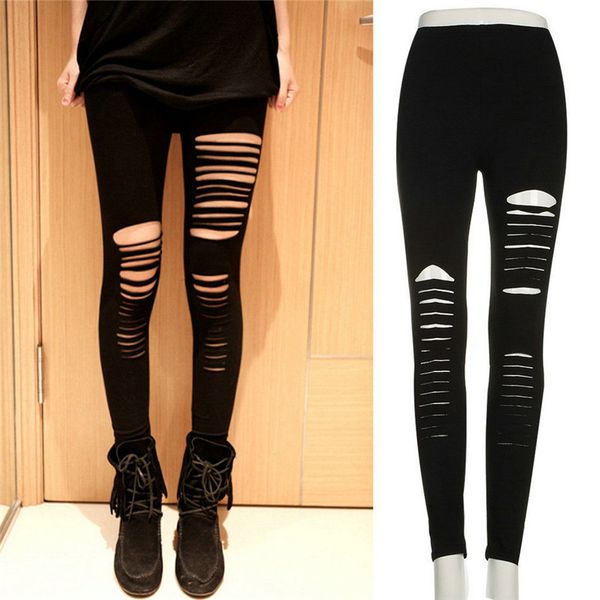 Atacado-Summer Style Moda Feminina Buraco Leggings Ladies Bodycon Punk Buracos Ripped Slit Split Leggings Partido Calças Gothic