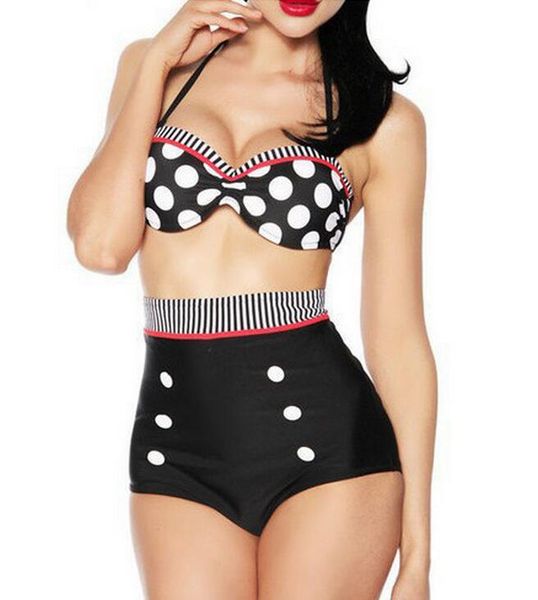 Geben Sie Schiff frei Neueste Damen Bademode Retro Vintage hohe Taille Abdeckung Bauch konservativer Bikini Punkt Badeanzug NS001