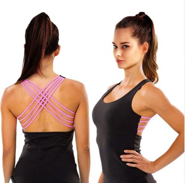 T-shirt sportiva da corsa fitness nera aderente a secco Sexy rosa rossa Strappy Back Cross Yoga Top Camicetta per esercizi di allenamento super elastica