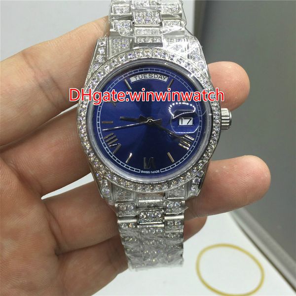 

Full diamonds day date big stones bezel luxury watch automatic brand men's watches blue dial wristwatch
