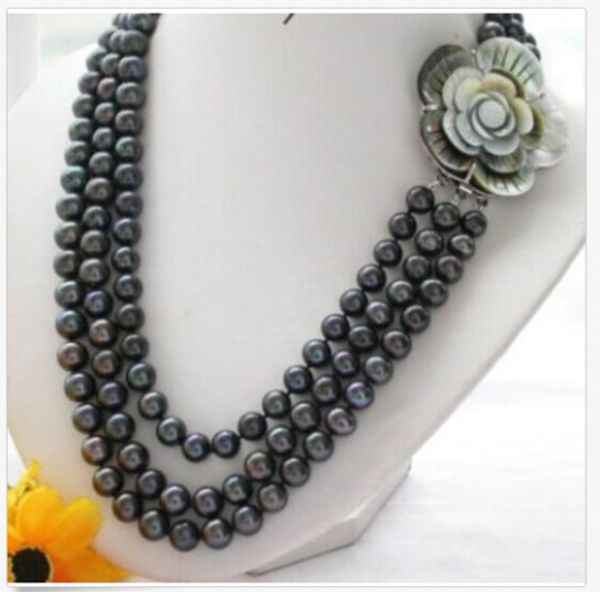 

3 rows aaa8-9mm tahitian tahitian black pearl necklace, Silver