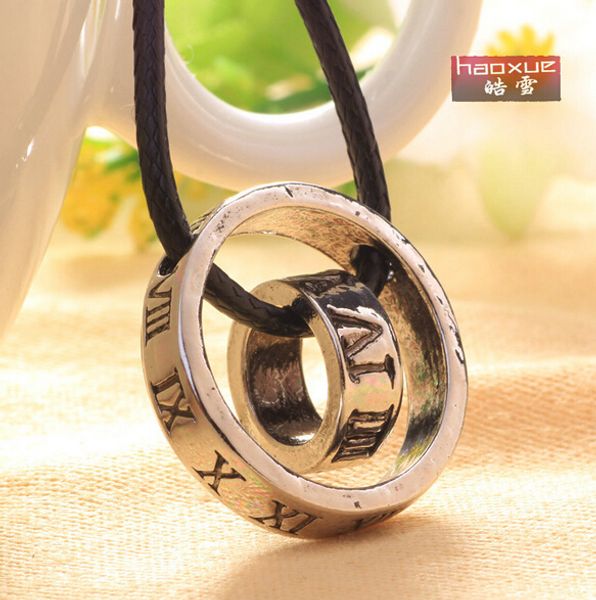 

wholesale- leather necklace,men retro letters double circle necklace,fashion jewelry, genuine leather,handmade pendant n024, Silver
