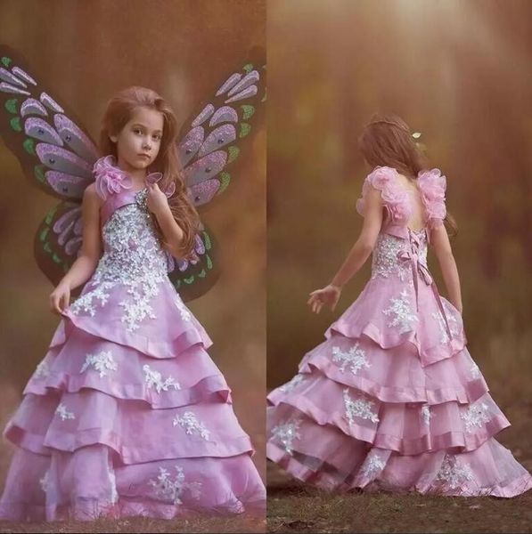 

2018 pink tiered skirts flower girl dresses with lace appliques beaded straps spaghetti lace up floor length girls pageant gowns for teens, White;blue