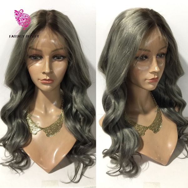 

10а класс ломбер серый парики человеческих волос средней свободной части два тона #1b / серый полный кружева человеческих волос парики без к, Black;brown