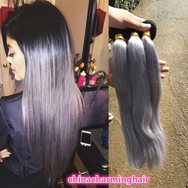 Two Tone Color Ombre Grey Hair Weft Brazilian Straight Human Hair Extensions 1b Grey Hair Bundles 100 Human Hair Weft Extensions Double Wefted Human