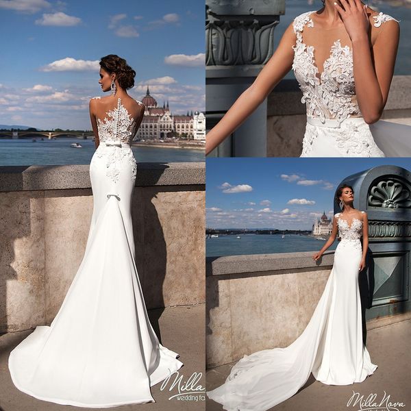 Discount Vintage 2019 Lace Wedding Dresses Sheer Neck Ribbons