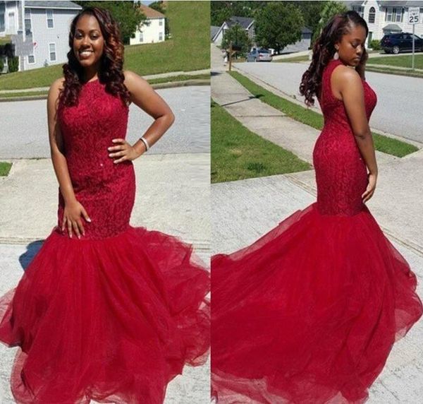 

2017 dark red prom dresses mermaid sleeveless jewel neck lace appliques puffy tulle long junior party evening celebrity gowns custom, Black