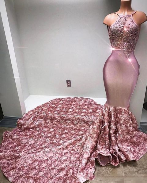

dusty pink spaghetti prom dresses with flora long train 2018 crystals beaded sheer evening gowns mermaid formal party dress, Black