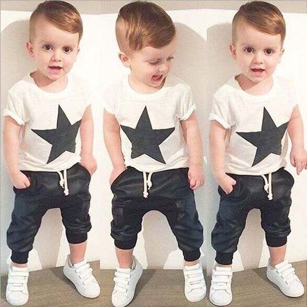 

wholesale- baby boy clothes set 2pcs black star print short sleeve t-shirt pant children set boy girl clothes summer kid clothing suit, White