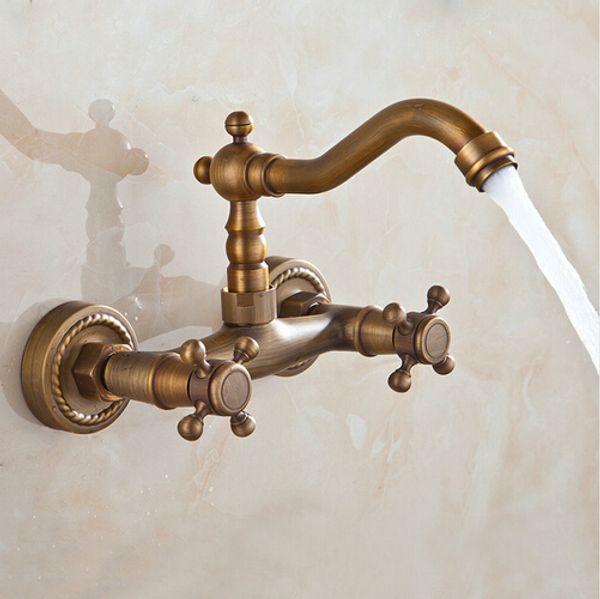 

wholesale- antique brass bathroom mixer taps double handles wall mounted 360 swivel faucets af1043