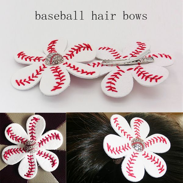 

softball baseball football soccer leather hair flower hairclips seamed hair bows with rhinestone hair clip pin, Golden;silver