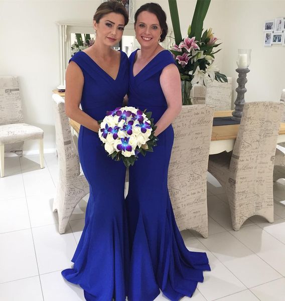

royal blue mermaid country bridesmaid dresses elegant v-neck wedding guest gowns sweep train maid of honor dress, White;pink