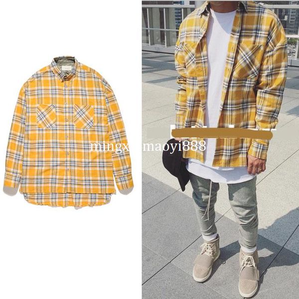 

2017 новый Джастин Бибер туман фланель красный желтый Шотландия сетки Мужские рубашки хип-хоп расширенный изогнутые подол негабаритных повседневная хлопок рубашка