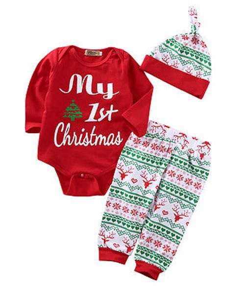 

wholesale- christmas newborn baby boys girls clothes set long sleeve "my first christmas"romper+print pants+hat 3pcs baby xmas clo, White