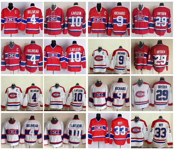 

vintage montreal canadiens hockey jersey 4 jean beliveau 9 maur richard 10 guy lafleur 29 ken dryden 33 patrick roy vintage classic jersey, Black;red