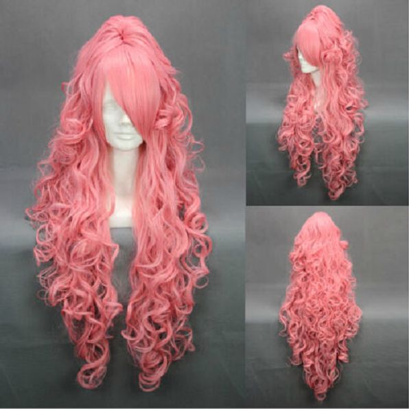 Longa Moda Festa Mulheres Cosplay Vocaloid Luka Cabelo Rosa Encaracolado Perucas