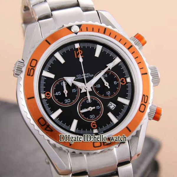 

planet ocean chrono 007 black dial 2218.50.00 orange bezel quartz chronograph mens watch stainless steel band gents watches, Slivery;brown