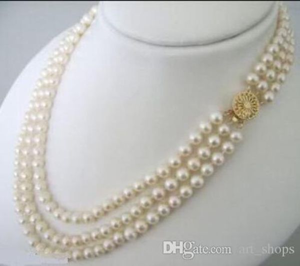 

3 rows 7-8mm white akoya cultured pearls necklace, Silver