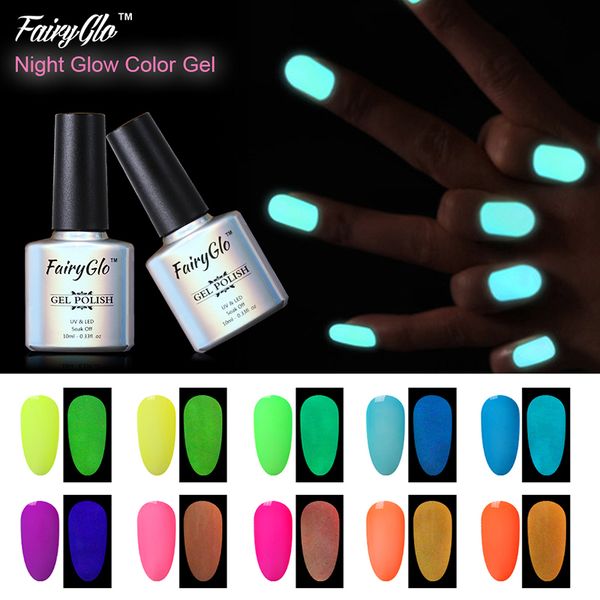 

wholesale-fairyglo 10ml uv gel nail polish candy color gelpolish 1pcs fluorescent luminous night glow nail gel soak off gel lak, Red;pink
