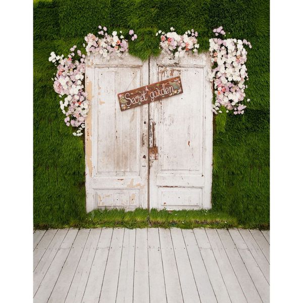 Fondali fotografia muro verde porta bianca pavimento in legno fiori primaverili sfondi giardino per matrimonio studio fotografico sfondo 5x7ft