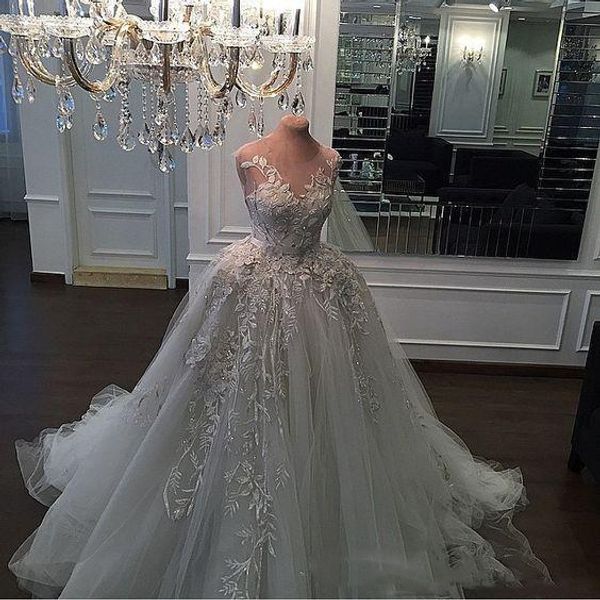 

romantic sheer neck ball gown wedding dresses lace appliques soft tulle puffy bridal gowns sweep train custom made wedding vestidos, White