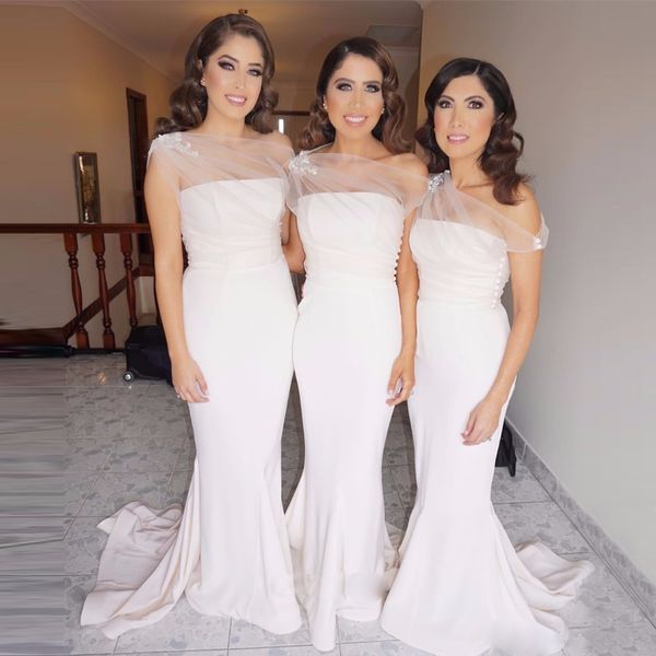 

new arrival 2017 appliques long satin bridesmaid dress mermaid strapless wedding party dress sweep train formal gowns, White;pink