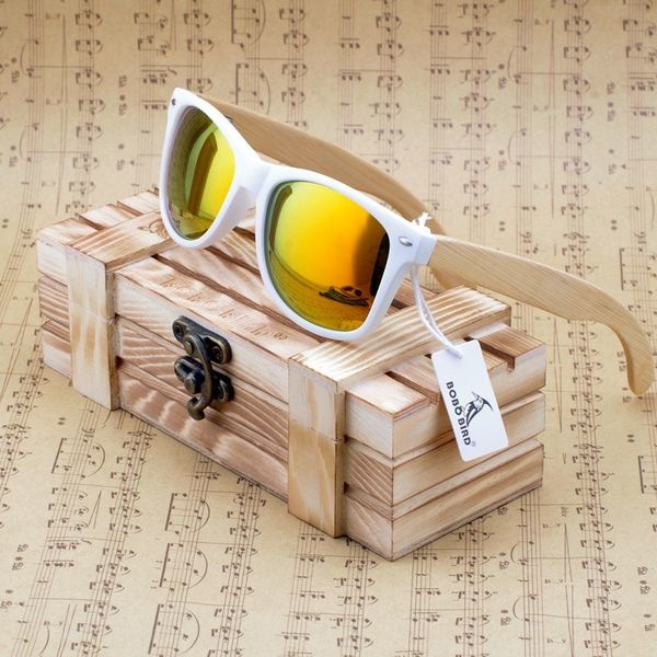 

wholesale-bobo bird new 2016 womens mens bamboo wooden sunglasses white frame with coating mirrored uv 400 protection lenses in wooden box, White;black