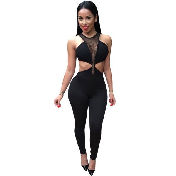 

wholesale- jumpsuit overalls women dew waist sleeveless bodycon bandage party long bodysuit overall rompers combinaison femme, Black;white