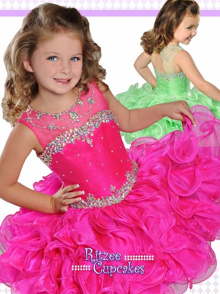 Abiti da spettacolo arruffati per bambine di Ritzee Cupcake B845 Bellissimo vestito da spettacolo per bambini color lime con girocollo trasparente e perline