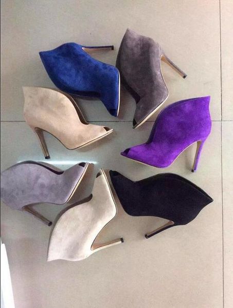 

high open toe high heel v-neck booties nubuck leather ankle boots shoes slip-on boots roman style autumn fashion peep toe pumps boots, Black