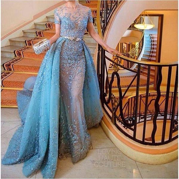 

Роскошный Великолепный 2017 Синий Zuhair Murad Вечернее платье с короткими рукавами Русалка Пром Платья кружевное Аппликация из бисера Тюль Vestido de festa