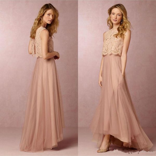 

2017 Blush Pink Two Pieces Hi-Lo Bridesmaid Dresses Jewel A Line Soft Tulle Lace Top Open Back Maid Of Honor Party Gowns Custom Made, Blue;red