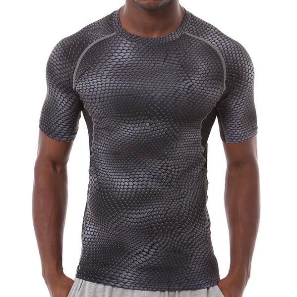 

new 2017 outdoor men pro fitness tights elastic quick-drying short sleeve t-shirt snakeskin grain printing sweats running compression tshirt, White;black