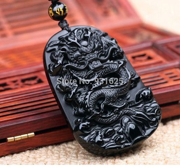 

wholesale- beautiful 55x42mm chinese handwork natural black obsidian carved dragon amulet lucky pendant + beads necklace fashion jewelry
